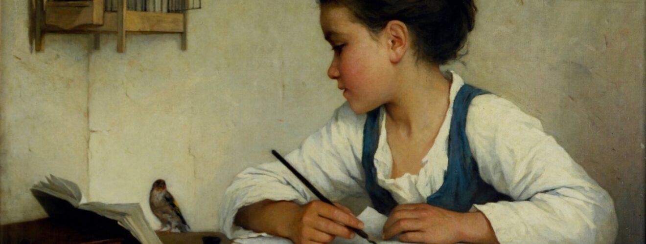 "A Girl Writing; The Pet Goldfinch" ca. 1870-74 by Henriette Browne